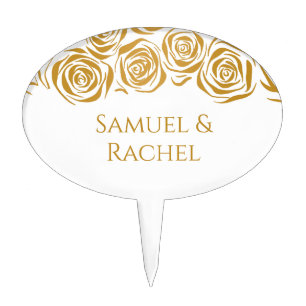Couple's Names Hand Drawn Golden Roses Wedding Cake Topper