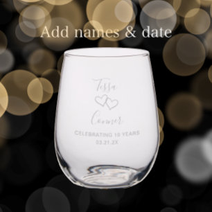 Couple's Names Heart 10th Wedding Anniversary Gift Stemless Wine Glass