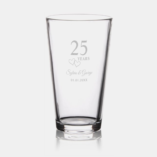 Couple's Names Heart 25th Wedding Anniversary Gift Pint Glass (Glassware)