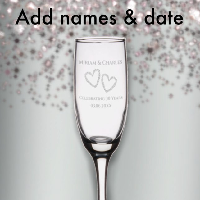 Couple's Names Heart 30th Wedding Anniversary Gift Champagne Flute (Personalize this wedding anniversary gift for an elegant custom anniversary keepsake glass.)