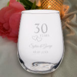 Couple's Names Heart 30th Wedding Anniversary Gift Stemless Wine Glass<br><div class="desc">Create a beautiful unique custom wedding anniversary gift by adding the couple's names and anniversary date to this stemless wine glass. My original designer intertwined hearts accent the modern simple script "30 Years". Personalize this elegant glass with the couple's name written in stylish typography. Add the 30th wedding anniversary date...</div>