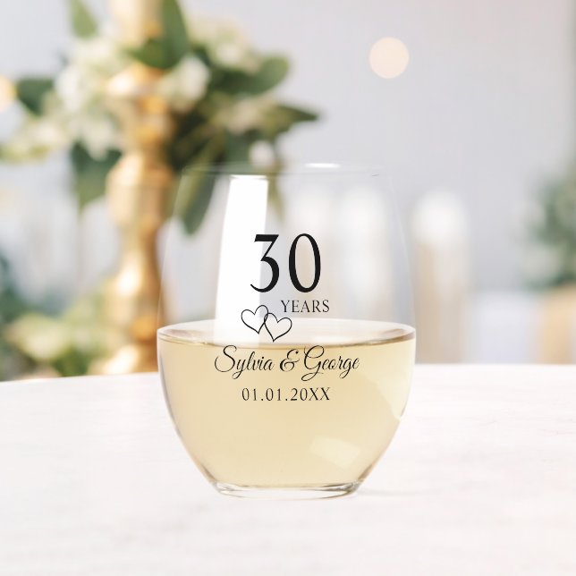 Couple's Names Heart 30th Wedding Anniversary Gift Stemless Wine Glass (Insitu (Wedding))