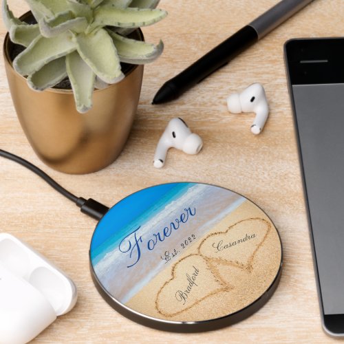 Couples Names in Hearts in Sand coastal keepsake Wireless Charger