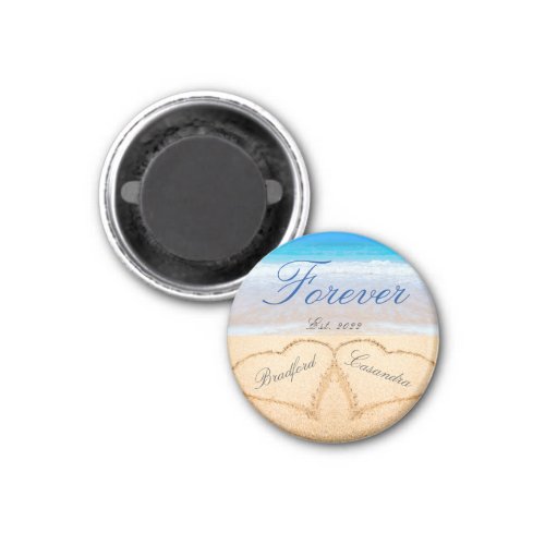 Couples Names in Hearts in Sand coastal memory  Magnet