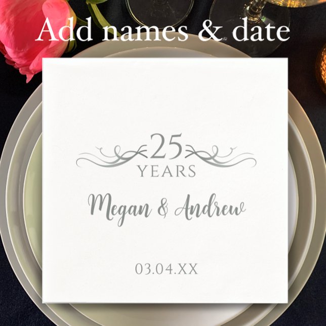Couple's Names Modern 25th Wedding Anniversary Napkins (Add couple’s names and wedding anniversary date for elegant 25th wedding anniversary party napkins)