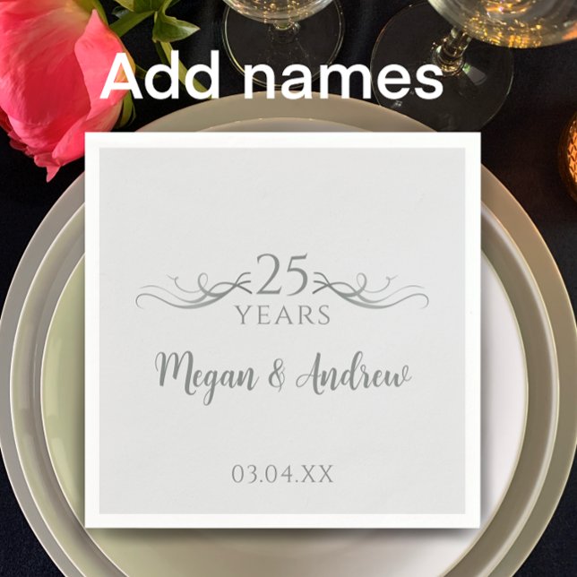 Couple's Names Modern 25th Wedding Anniversary Napkins (Customize this unique elegant silver 25th wedding anniversary party napkin w/ couple’s names & date
)