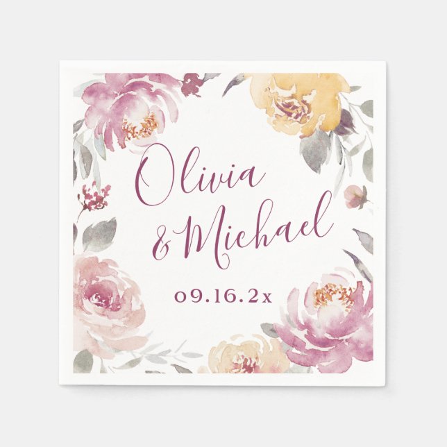 Couples names Romantic garden floral wedding Napkins (Front)