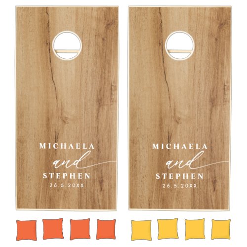 Couples Names Rustic Wood Grain Elegant Wedding Cornhole Set