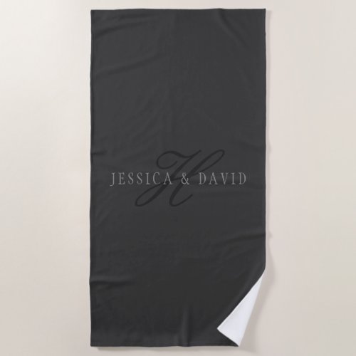 Couples Names  Surname Monogram Dark Grey Beach Towel