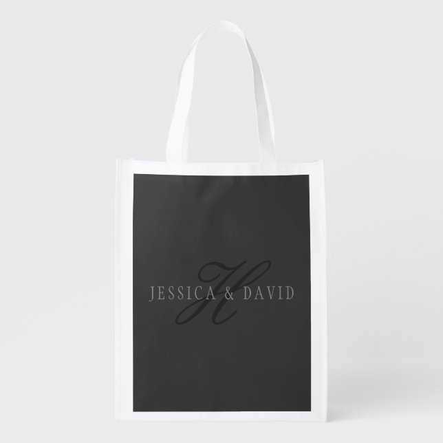 Couples Names & Surname Monogram Dark Grey Grocery Bag (Front)