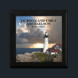 Couple's Names Wedding Date Lighthouse Sunset Gift Box<br><div class="desc">This beautiful Portland Head Lighthouse,  Maine gift box,  personalized for the newlywed couple,  has their names and wedding date on the front.</div>