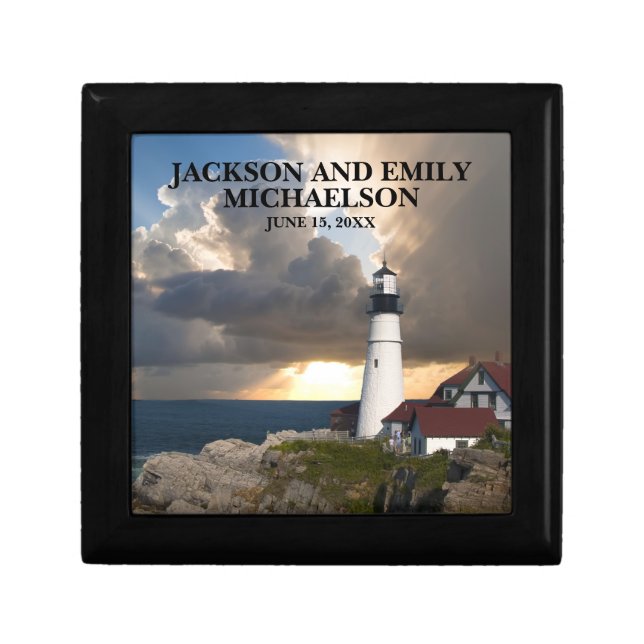 Couple's Names Wedding Date Lighthouse Sunset Gift Box (Front)