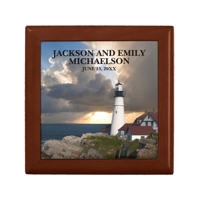 Couple's Names Wedding Date Lighthouse Sunset Gift Box (Front)