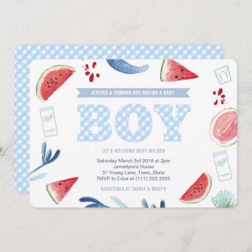 Couples Outdoors Gingham Baby Shower for Boy Invitation