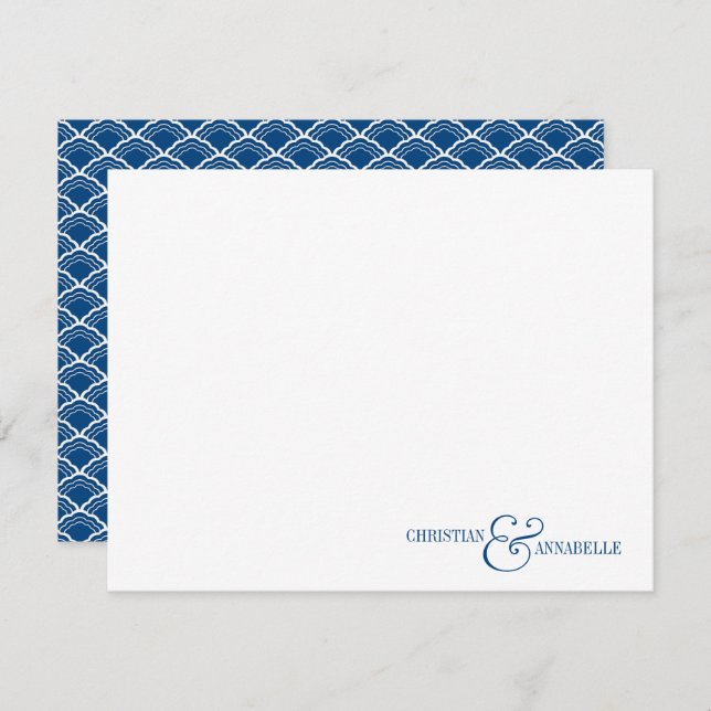 Couples Personalized Stationery Navy Blue Scallop Note Card (Front/Back)