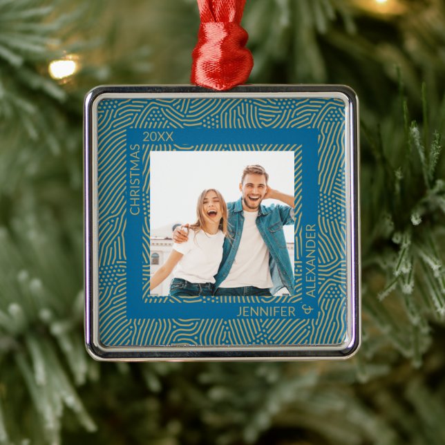 Couples Photo Gold Blue  Metal Ornament (Tree)