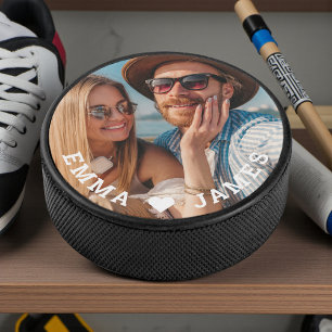 Couples Photo Love Heart Personalized Names Hockey Puck