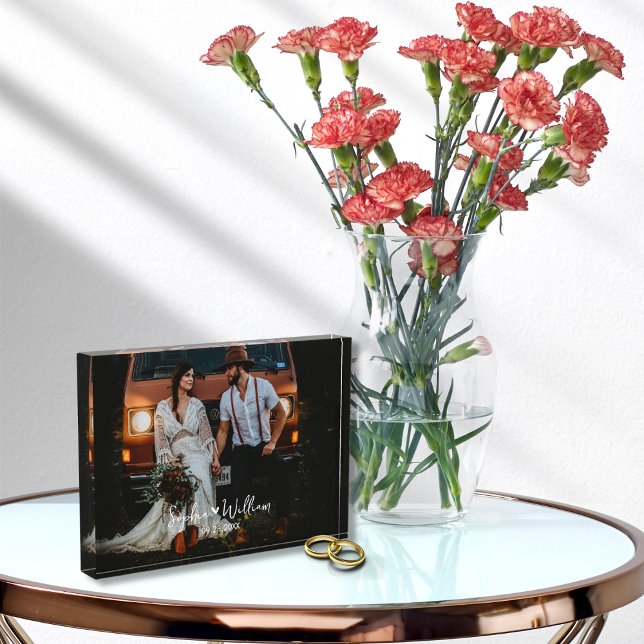 Couples Photo Name Wedding Anniversary Date Heart  (Rustic Elegant Wedding Photo Keepsake With Couple's Name Anniversary Wedding Date Photo block )
