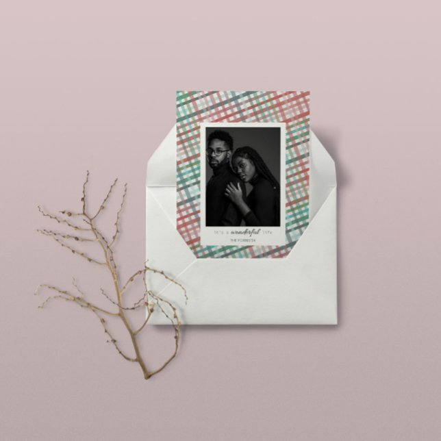 Couple's photo on pastel plaid print holiday card (Creator Uploaded)