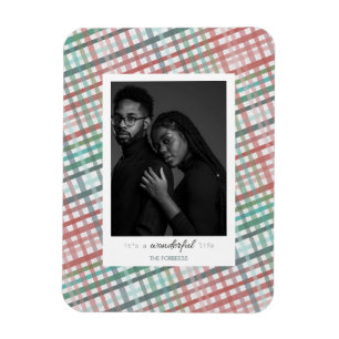 Couple's photo on pastel plaid print magnet