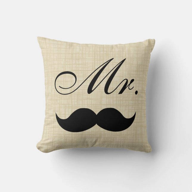 Couples' Pillow, Mr w Black Moustache on Parchment Throw Pillow (Front)