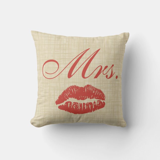 Couples' Pillow, Mrs w Red Lips on Cream Parchment Throw Pillow (Front)