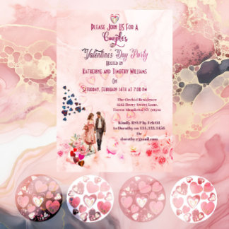 Couples Pink Floral Hearts Valentine's Day Party Invitation