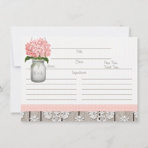 Couples Pink Hydrangea Mason Jar Recipe Card