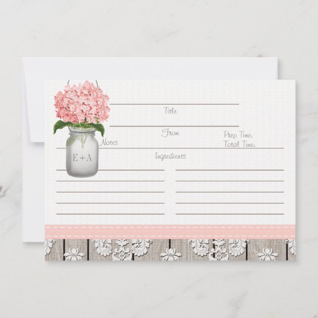 Couples Pink Hydrangea Mason Jar Recipe Card (Front)