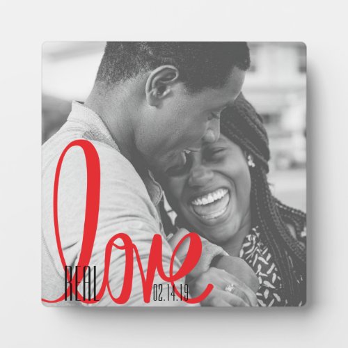 Couples Real Love Black  Red Typography Photo Plaque