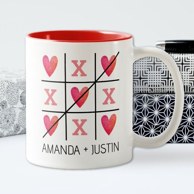 Couples Red Valentine Hearts Tic Tac Toe Two-Tone Coffee Mug (A fun tic tac toe Valentine's Day couples mug.)
