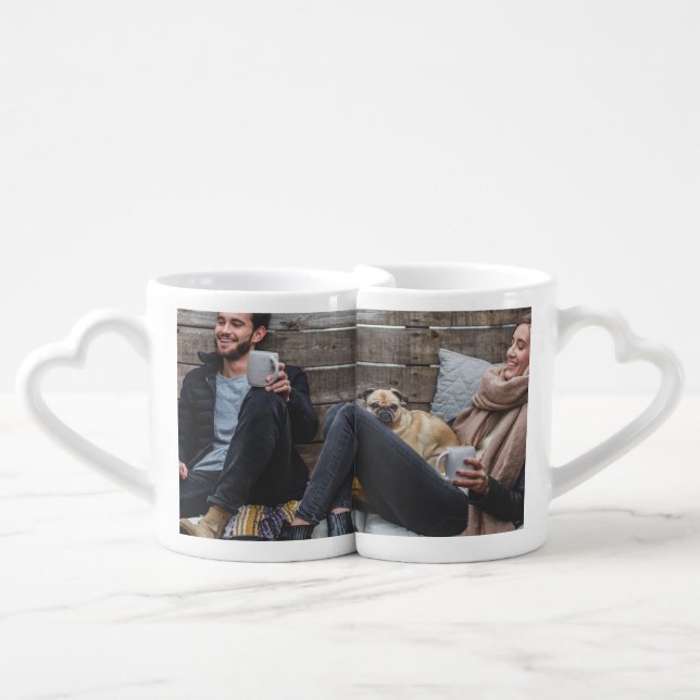 Couples romantic custom photo anniversary love coffee mug set (Front Nesting)
