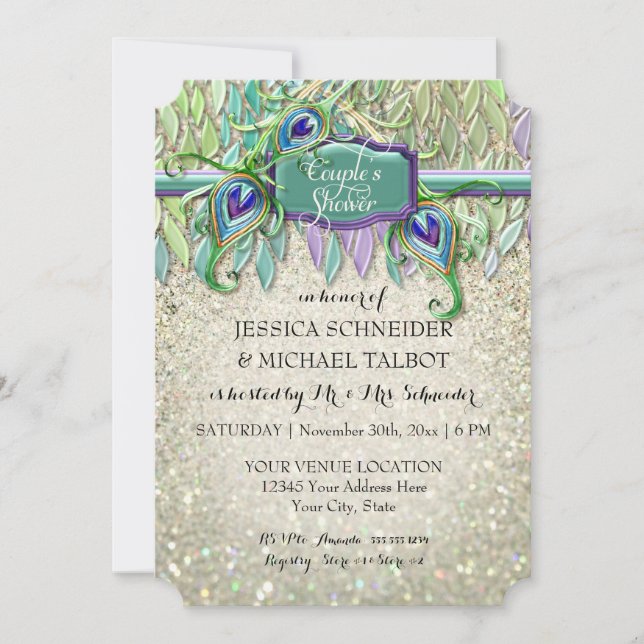 Couples Shower Art Deco Peacock Feather Glitter Invitation (Front)