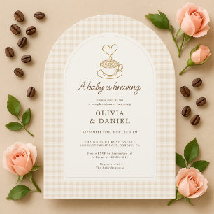 Couples Shower Baby is Brewing Coffee Gingham Invitation