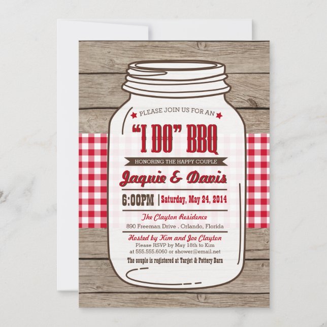 Couples Shower BBQ Invitation in Mason Jar on wood (Front)