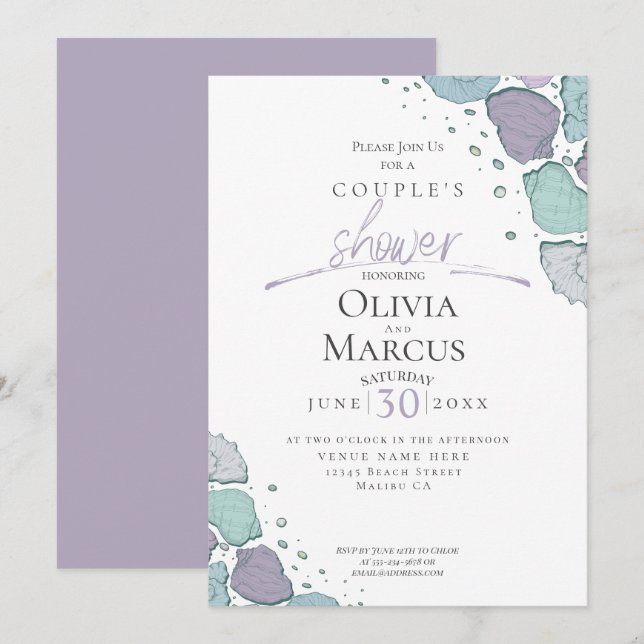 Couple's Shower | Beach Seashells Lilac Dusty Blue Invitation (Front/Back)