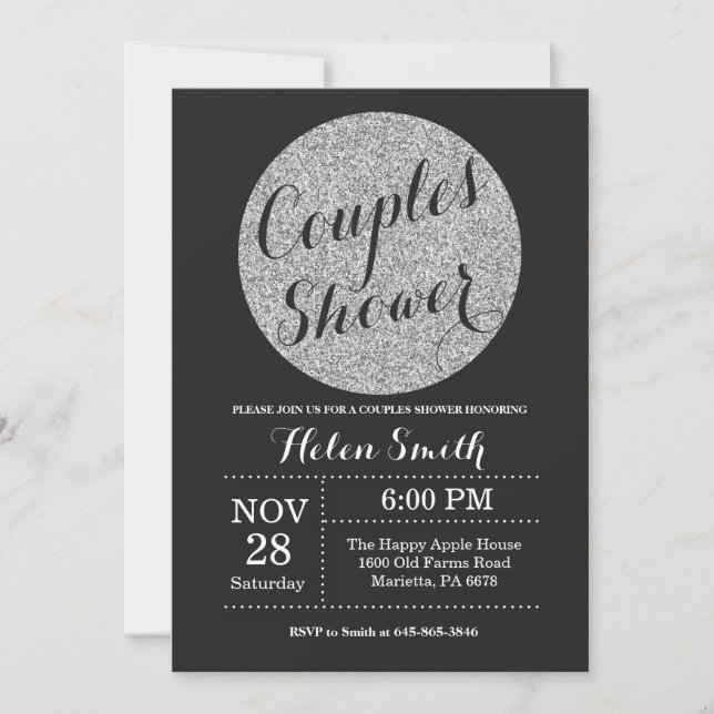 Couples Shower Black and Silver Glitter Invitation (Front)