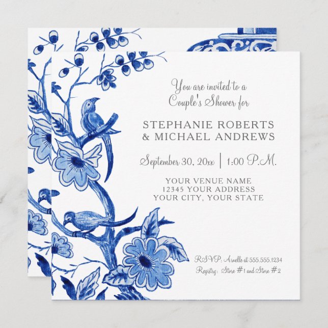 Couples Shower Blue Asian China Floral Watercolor Invitation (Front/Back)