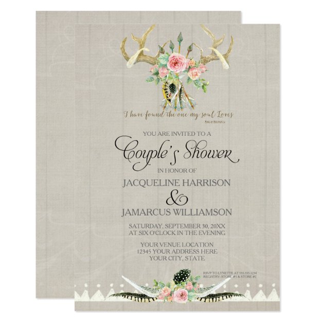 Couples Shower BOHO Feathers Deer Antler Roses Art Invitation