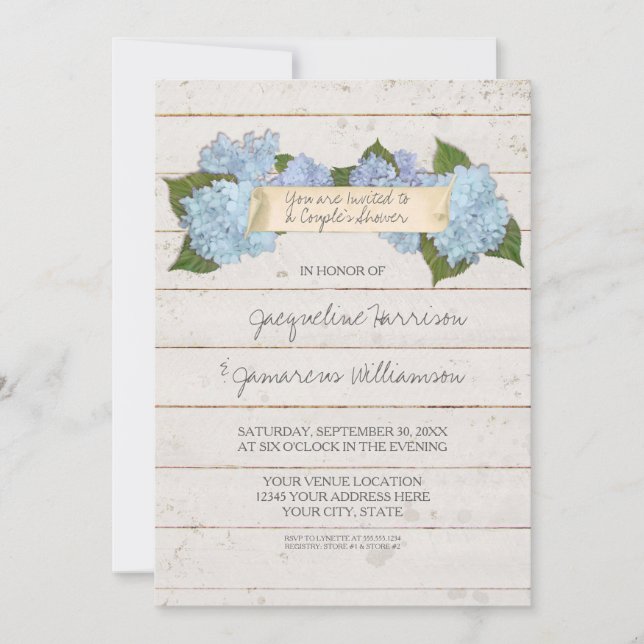 Couples Shower BOHO Shiplap Wooden Board Hydrangea Invitation (Front)