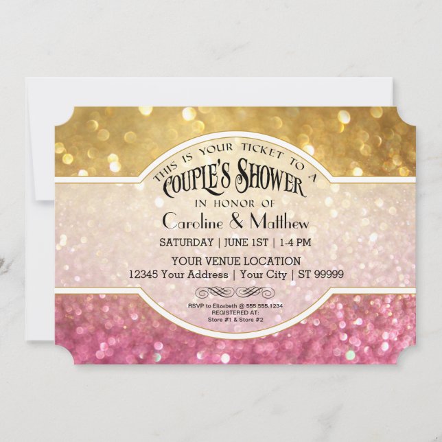 Couples Shower Bokeh Movie Ticket Style Gold Pink Invitation (Front)