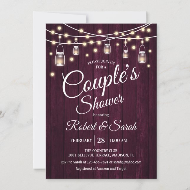 Couple's Shower - Burgundy Maroon Marsala Wood Invitation (Front)