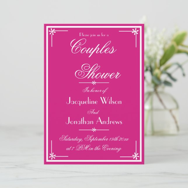 Couples Shower Chic Script Names Elegant Magenta Invitation (Standing Front)
