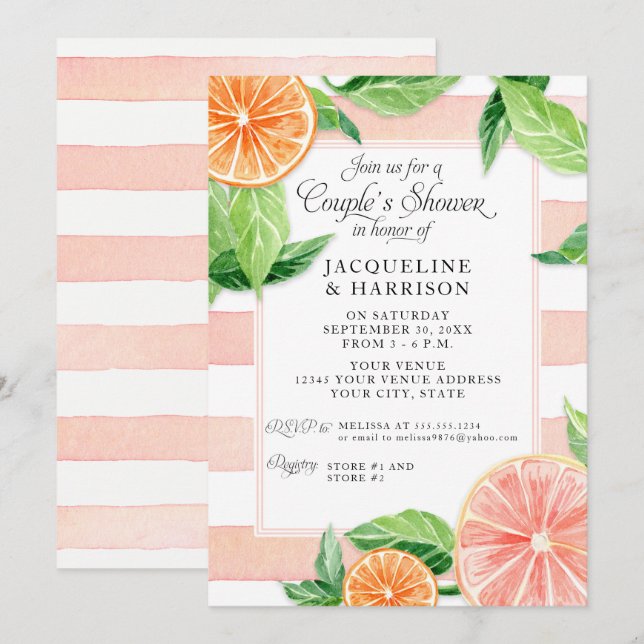 Couples Shower Citrus Pink Grapefruit Watercolor Invitation (Front/Back)
