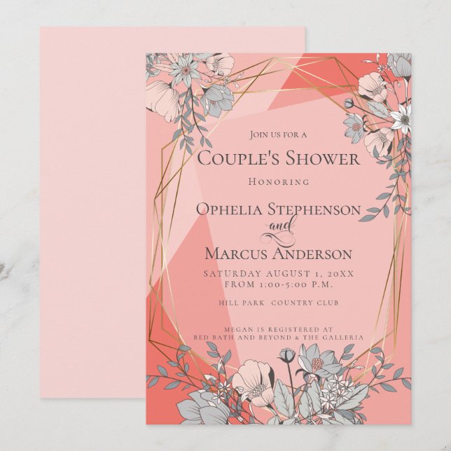 COUPLE'S SHOWER Coral Floral Geometric Gold Frame Invitation (Front/Back)