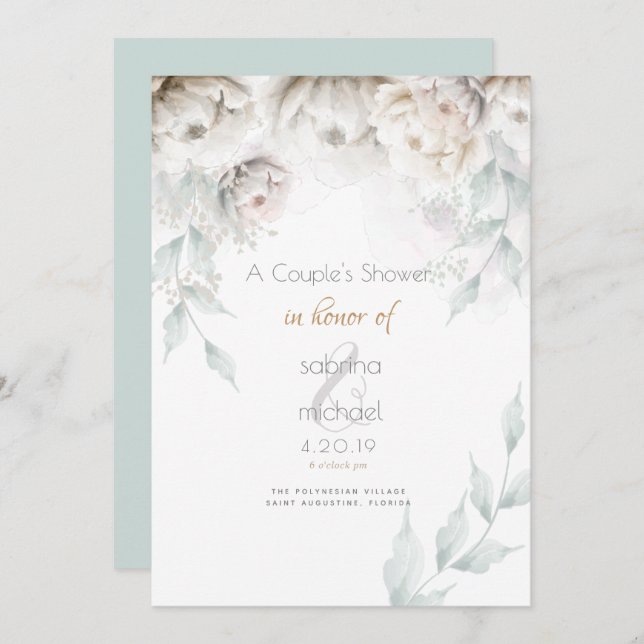 Couple's Shower | Elegant Alabaster White Peonies Invitation (Front/Back)