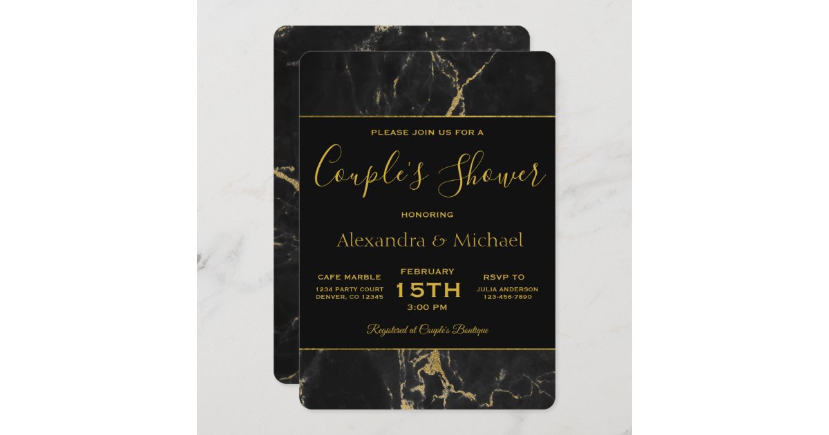 Couple's Shower Elegant Black & Gold Marble Invitation | Zazzle