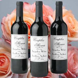 Couples Shower, Elegant Script Names Black & White Wine Label