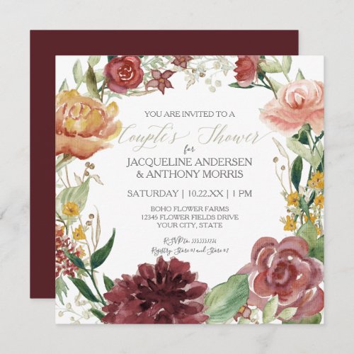 Couples Shower Fall Floral Burgundy Blush Roses Invitation