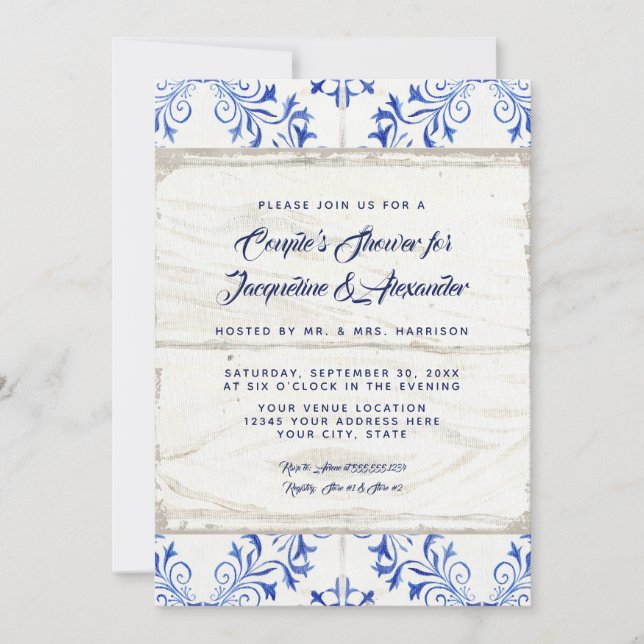 Couples Shower Farmhouse Blue White Wooden Rustic Invitation (Front)